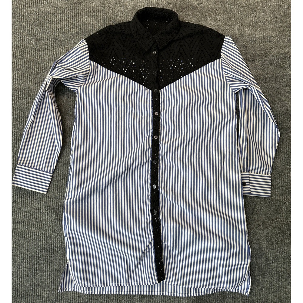 Unbranded Lace Yoke Striped Button Down Shirt OS Blue White Eyelet‎ Detail